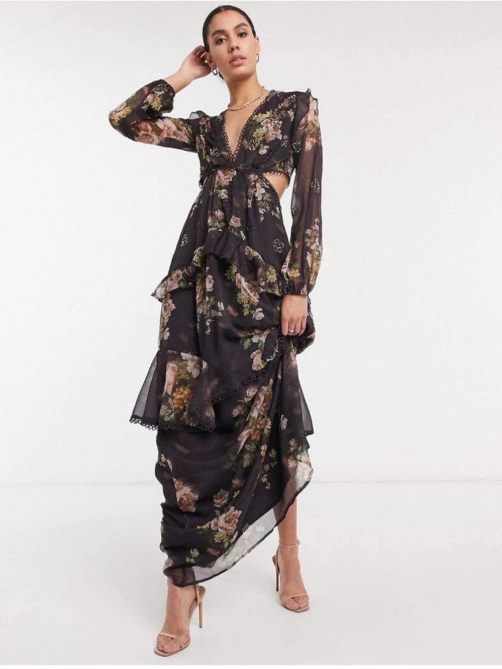 ASOS TALL Floral Lace-Trim Maxi Dress in Brown with Pink Rose Print - Picture 2 of 8